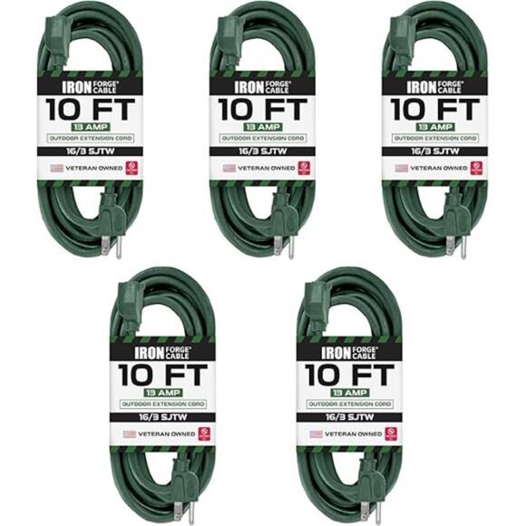 5 Pack Outdoor Extension Cord 10 ft, 16/3 SJTW Weatherproof Green Extension Cord - Picture 7 of 7